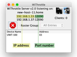JMRI WiThrottle Server window with IP Address and Port Number identified